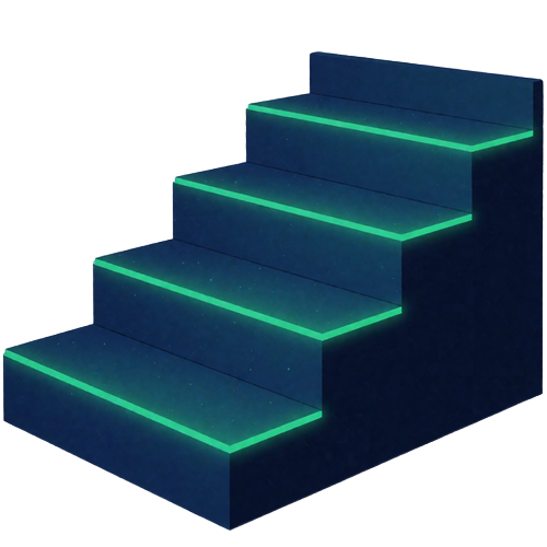 Neon-blaue aufsteigende Treppe mit smaragd-gr&uuml;nen Stufen als Symbol f&uuml;r die Rainbet VIP-Tiers