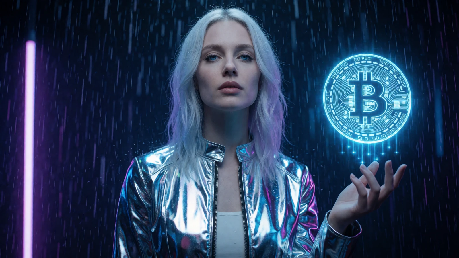 Modell mit platin-silbernem Haar in futuristischer Chrome-Jacke im Neon-Regen mit Krypto-Hologramm beim Rainbet Casino