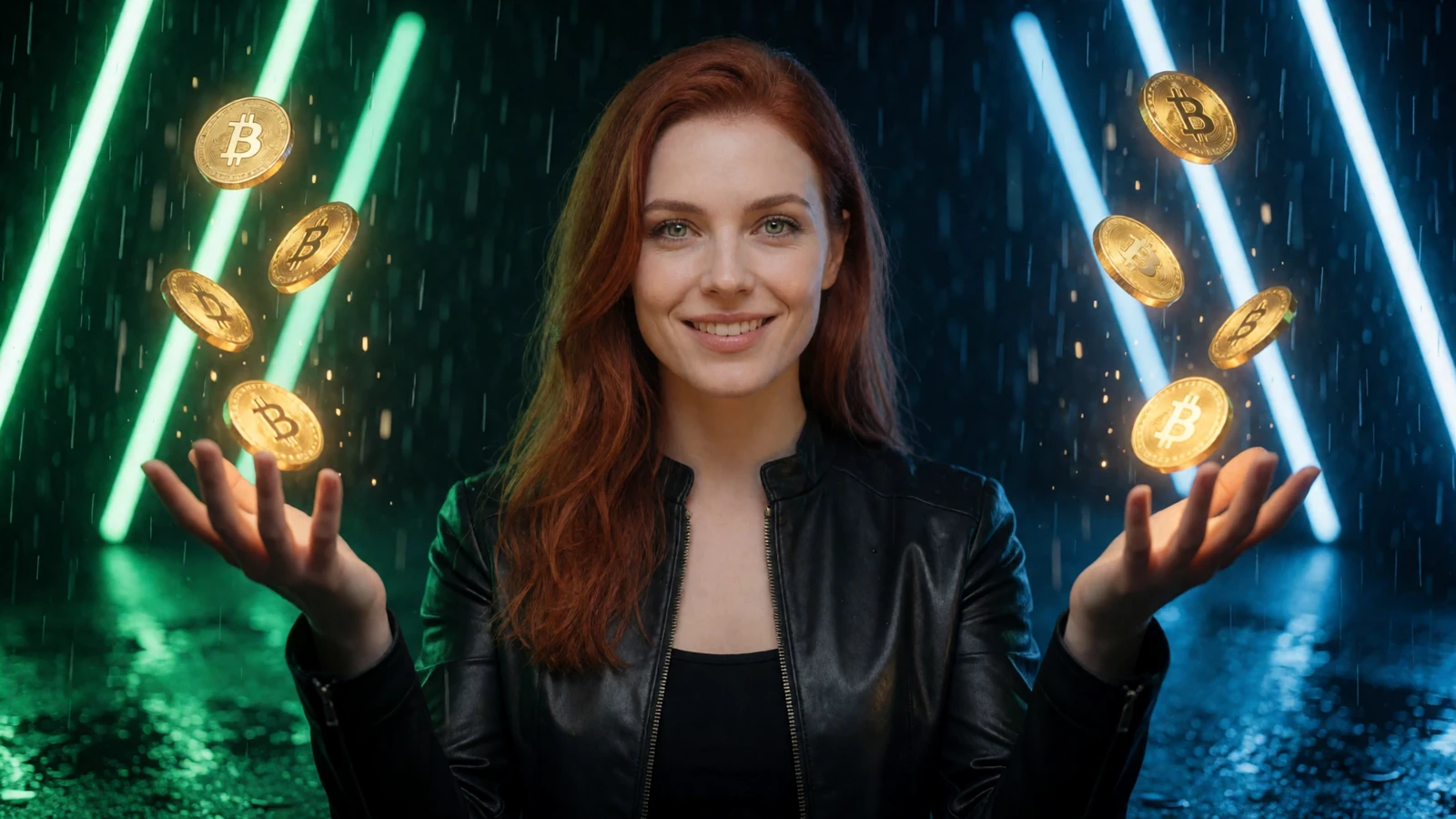 Frau mit langem kastanienbraunem Haar f&auml;ngt leuchtende Krypto-M&uuml;nzen im Neon-Regen - Rainbet Bonus und Rakeback