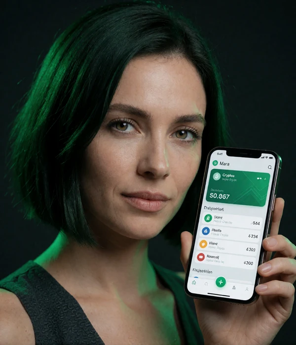 Frau mit dunklem Bob-Haar schaut auf Smartphone mit Krypto-Wallet unter smaragd-gr&uuml;nem Neon-Licht bei Rainbet Casino