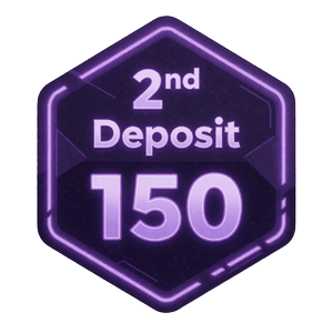 Violettes Neon-Badge f&uuml;r die zweite Einzahlung mit 150 Prozent Match im Rainbet Bonuspaket