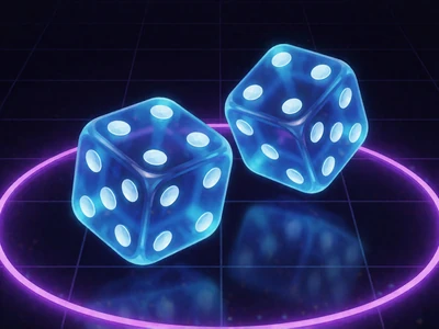 Zwei durchscheinende neon-blaue W&uuml;rfel mit leuchtenden Augen &uuml;ber dunklem Grid bei Rainbet Dice
