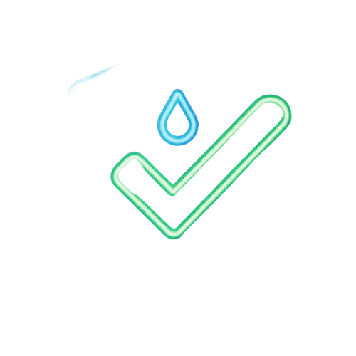 Neon-blauer Schild mit gr&uuml;nem H&auml;kchen und Regentropfen-Motiv als Provably Fair Symbol von Rainbet Casino