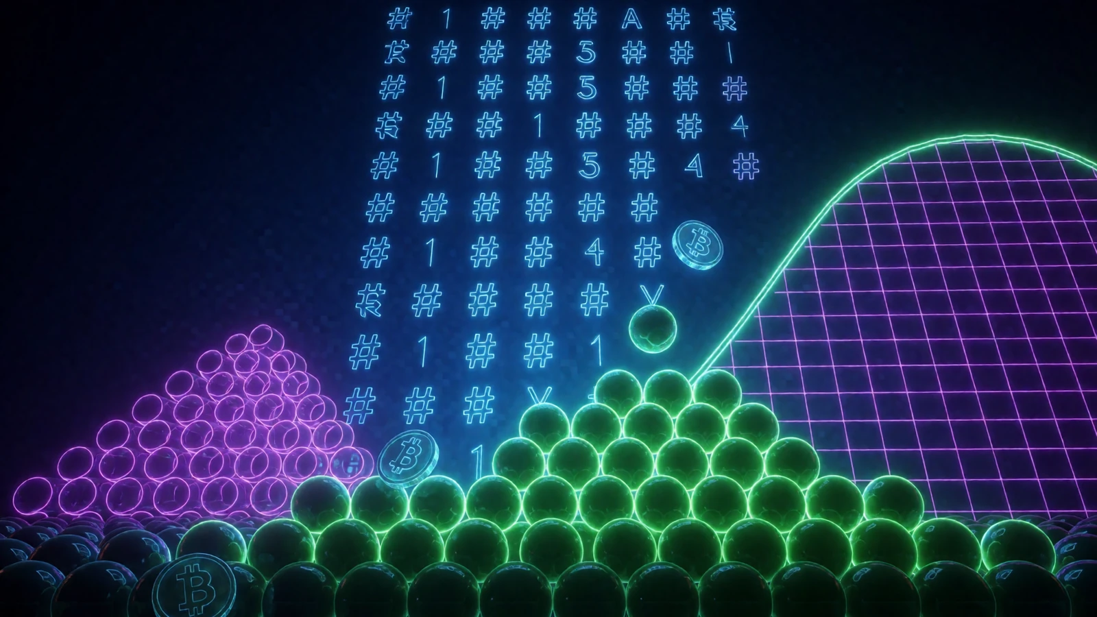 Abstrakte Neon-Visualisierung der Provably Fair Mechanik mit Hash-Regen, Plinko-Kugeln und Crash-Kurve bei Rainbet