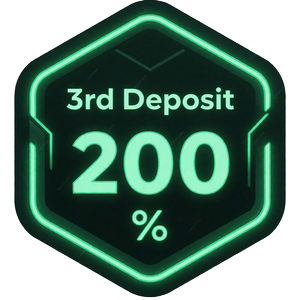 Smaragd-gr&uuml;nes Neon-Badge f&uuml;r die dritte Einzahlung mit 200 Prozent Match beim Rainbet Bonus