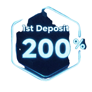 Neon-blaues Badge f&uuml;r die erste Einzahlung mit 200 Prozent Match beim Rainbet Willkommensbonus