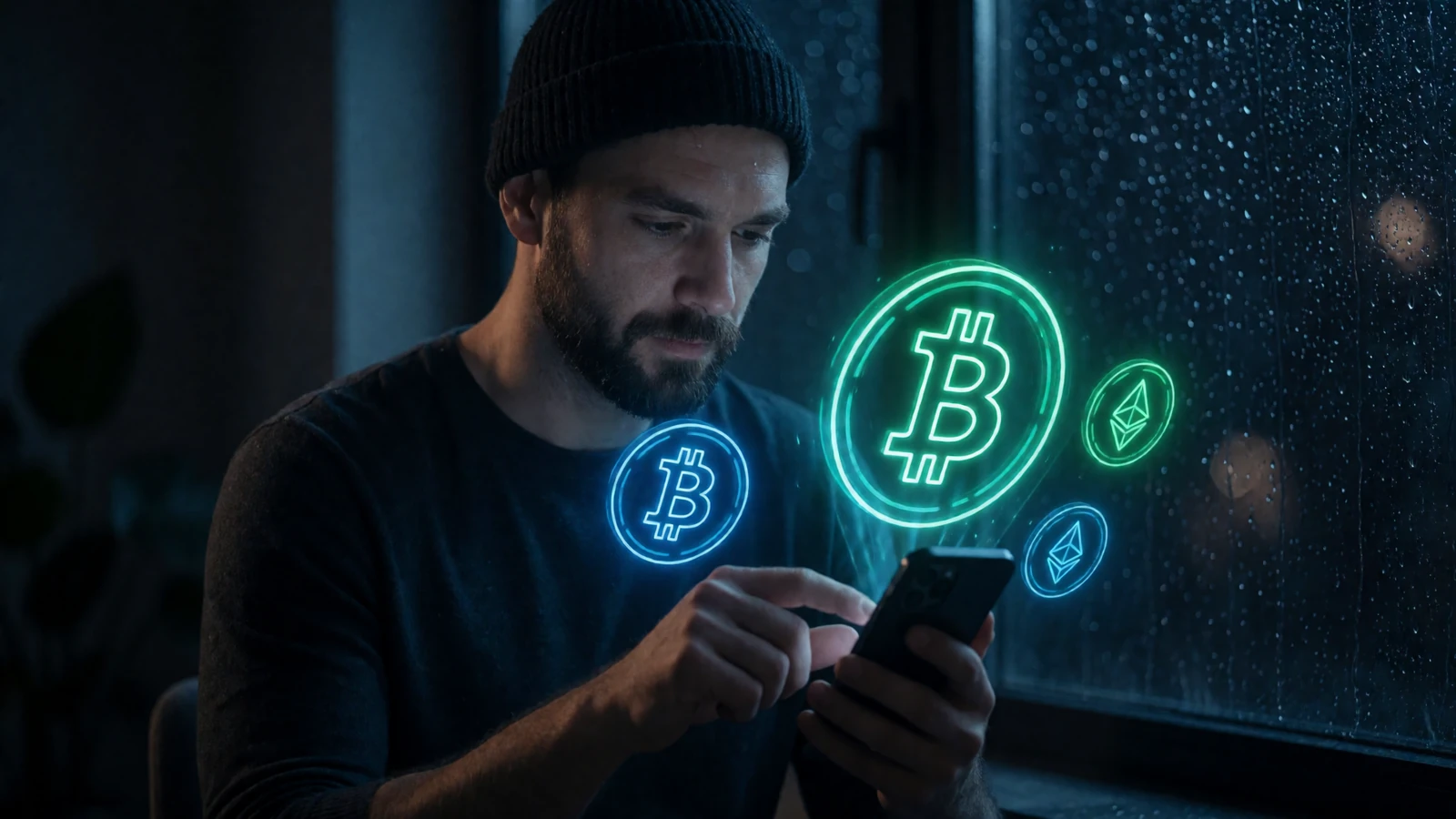 Mann mit Beanie pr&uuml;ft seine Krypto-Wallet am Smartphone mit Neon-Transaktions-Hologrammen bei Rainbet Casino